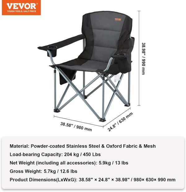 VEVOR Camping Folding Chair, Portable Heavy Duty Outdoor Quad Lumbar Back Padded with Side Pockets, Cup Holder and Cooler Bag for Beach, Lawn, Picnic, Fishing, Backpacking, Black - Image 3