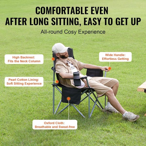 VEVOR Camping Folding Chair, Portable Heavy Duty Outdoor Quad Lumbar Back Padded with Side Pockets, Cup Holder and Cooler Bag for Beach, Lawn, Picnic, Fishing, Backpacking, Black - Image 7